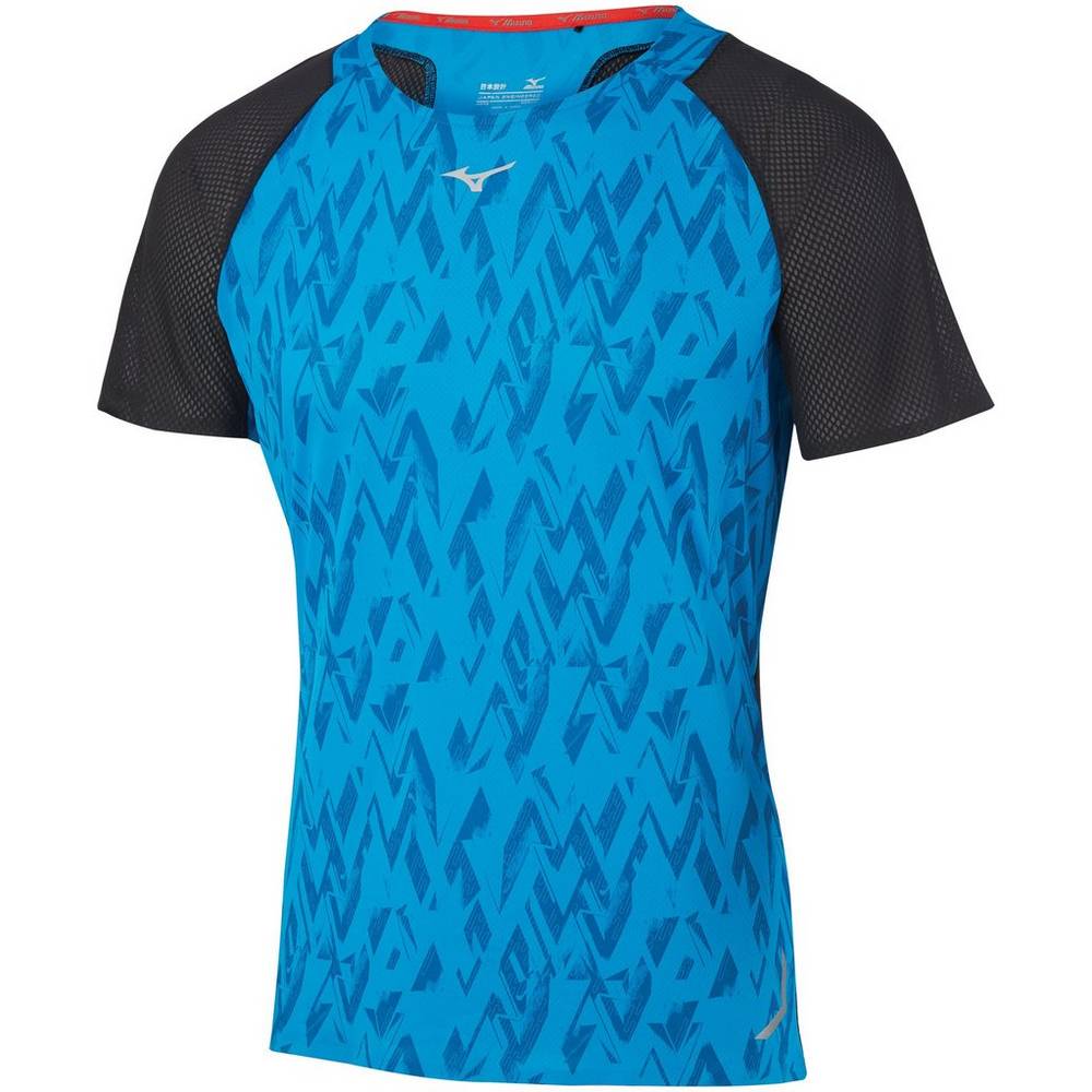 Camiseta Mizuno Running Aero - Homem - Azuis/Pretas - UPFTG2819